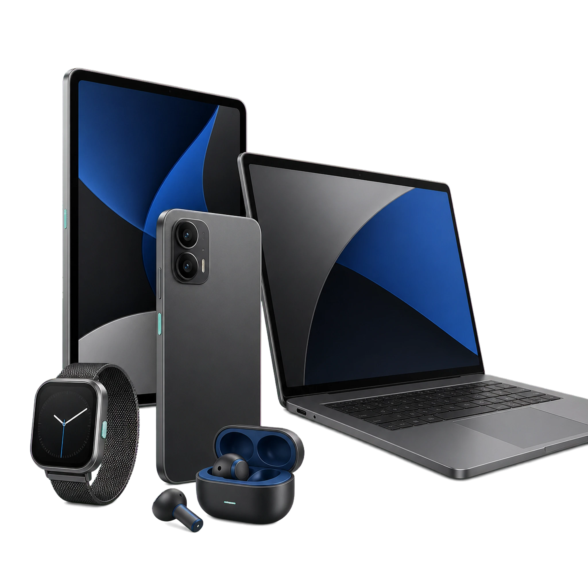 Fictional stack of smartphones, tablet, laptop and wearable devices