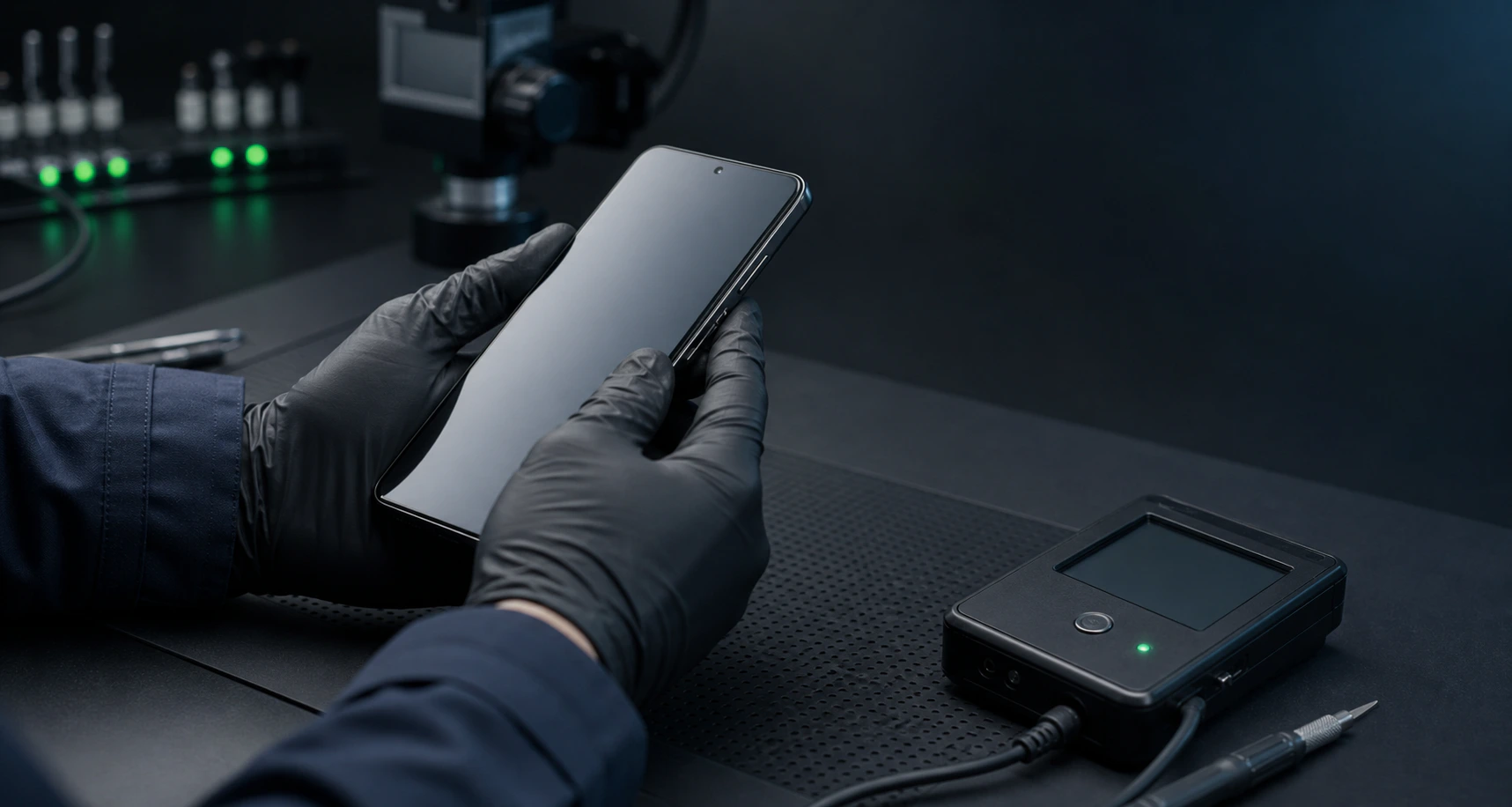Technician inspecting a fictional device in a quality control lab